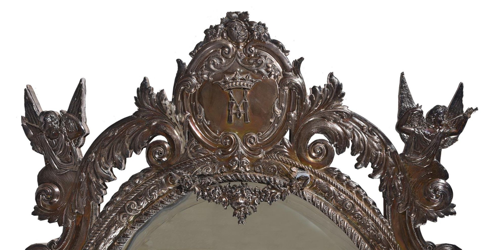 A CONTINENTAL SILVER PLATED REPOUSSE METAL WALL MIRROR, SECOND HALF 19TH CENTURY - Image 2 of 3