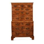 A GEORGE II BURR AND FIGURED WALNUT CHEST ON CHEST, CIRCA 1740