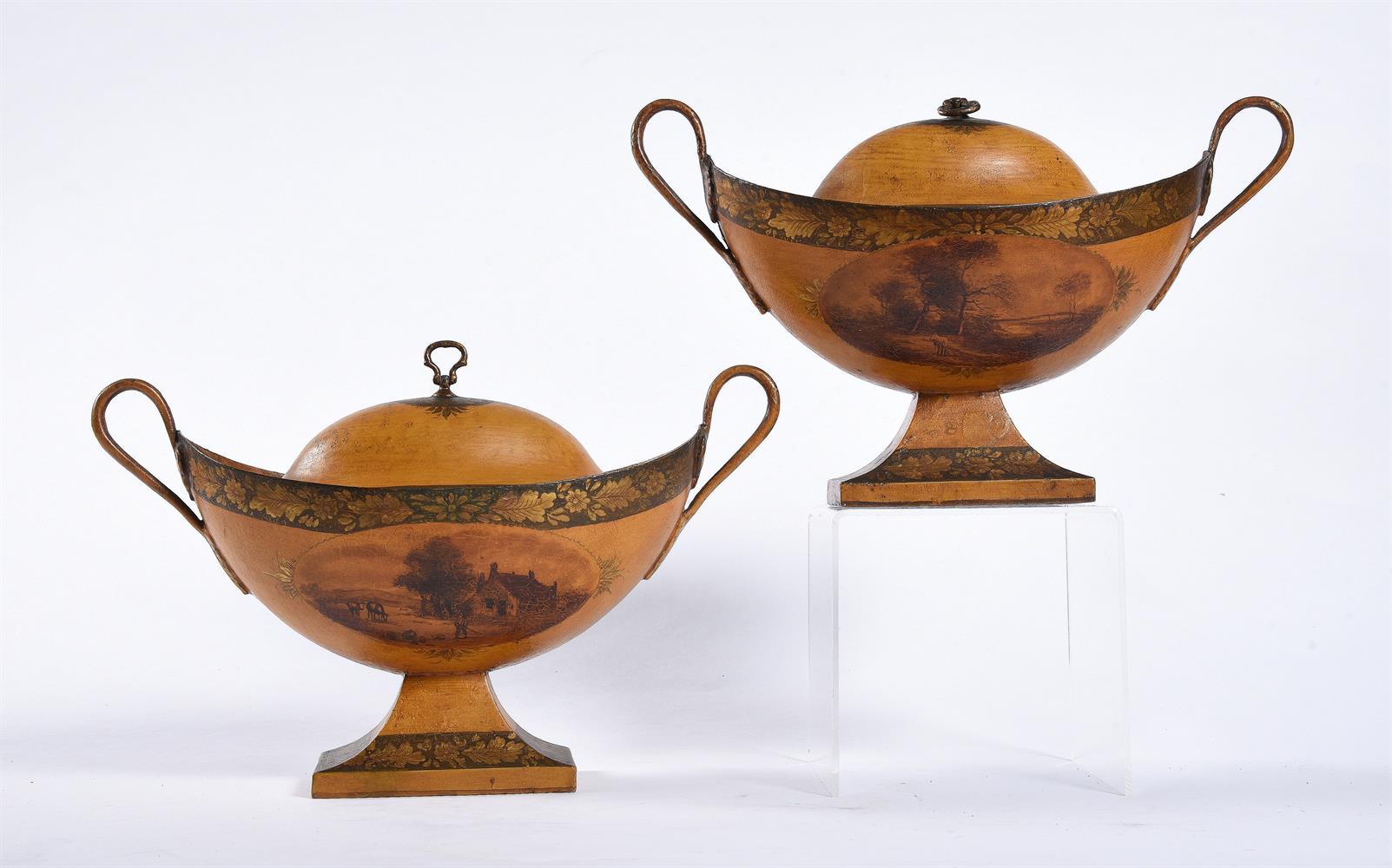 A PAIR OF DUTCH TOLE PEINTE YELLOW GROUND CHESTNUT URNS, EARLY 19TH CENTURY - Image 2 of 5