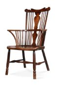 A FRUITWOOD, ELM AND BEECH COMB BACK WINDSOR ARMCHAIR, SECOND HALF 18TH CENTURY