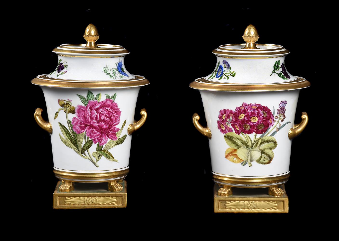 A PAIR OF PARIS PORCELAIN (DARTES FRERES) BOTANICAL TWO-HANDLED ICE-PAILS, LINERS AND COVERS