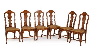 A SET OF SIX DUTCH WALNUT, ASH AND MARQUETRY INLAID DINING CHAIRS, LATE 18TH OR EARLY 19TH CENTURY