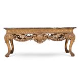 A CARVED GILTWOOD AND MARBLE TOPPED CENTRE TABLE, IN THE MANNER OF LENYGON & MORANT