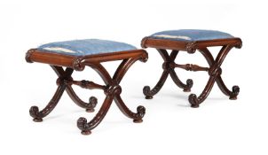 Y A PAIR OF WILLIAM IV ROSEWOOD X-FRAME STOOLS, IN THE MANNER OF GILLOWS, CIRCA 1835