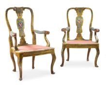 A SET OF SIX NORTH ITALIAN POLYCHROME PAINTED DINING CHAIRS, POSSIBLY GENOA, MID-18TH CENTURY