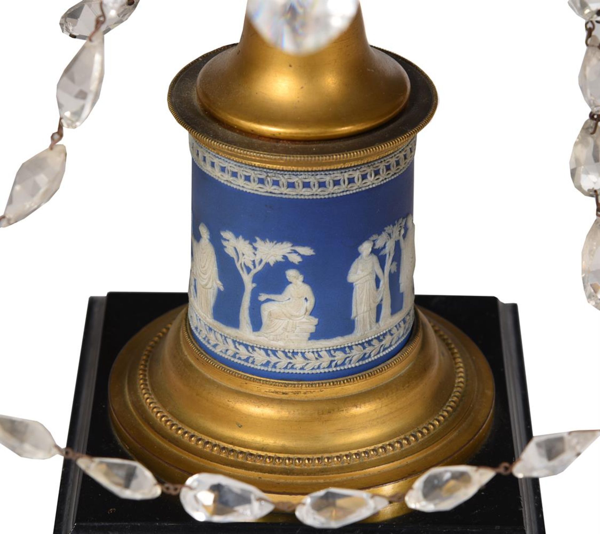 A CUT GLASS, WEDGWOOD STYLE BLUE JASPER THREE-LIGHT CANDELABRUM IN THE MANNER OF PARKER & PERRY - Image 3 of 4