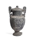 A LARGE TWIN HANDLED LEAD GARDEN URN, POSSIBLY FRENCH, LATE 19TH/EARLY 20TH CENTURY