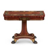 Y A REGENCY ROSEWOOD, EBONY AND BRASS MARQUETRY PEDESTAL CARD TABLE, CIRCA 1815