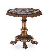A VICTORIAN SPECIMEN MARBLE MOUNTED CARVED WALNUT AND PARCEL GILT OCCASIONAL TABLE, CIRCA 1860