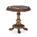 A VICTORIAN SPECIMEN MARBLE MOUNTED CARVED WALNUT AND PARCEL GILT OCCASIONAL TABLE, CIRCA 1860