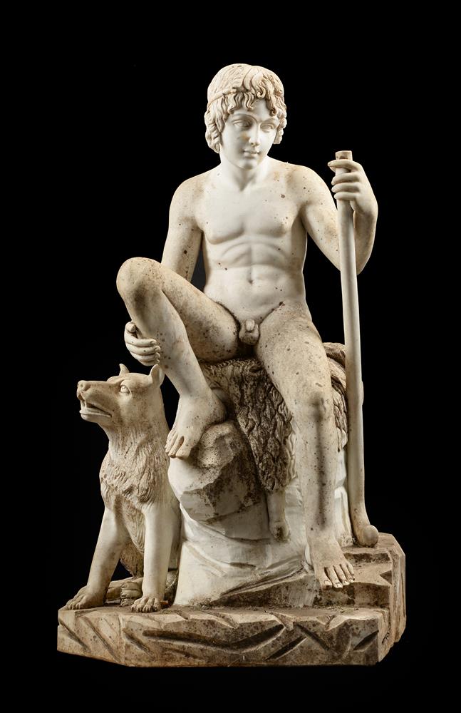 AFTER BERTEL THORVALDSEN (DANISH 1770-1844) A LARGE CARVED WHITE MARBLE FIGURE 'THE SHEPHERD BOY'