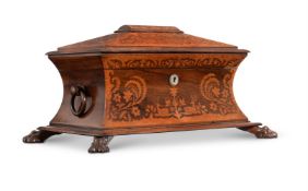 Y A WILLIAM IV ROSEWOOD AND AMBOYNA MARQUETRY TEA CHEST OR CADDY, CIRCA 1835
