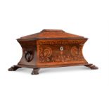 Y A WILLIAM IV ROSEWOOD AND AMBOYNA MARQUETRY TEA CHEST OR CADDY, CIRCA 1835