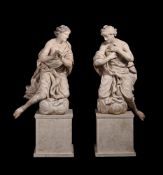 A LARGE PAIR OF ITALIAN CARVED FIGURES OF ANGELS, 18TH CENTURY
