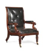 A GEORGE IV MAHOGANY AND LEATHER UPHOLSTERED ADJUSTABLE ARMCHAIR, BY ROBERT DAWS