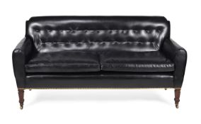A VICTORIAN MAHOGANY AND BLACK LEATHER UPHOLSTERED SOFA, LAST QUARTER 19TH CENTURY