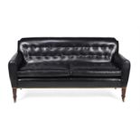 A VICTORIAN MAHOGANY AND BLACK LEATHER UPHOLSTERED SOFA, LAST QUARTER 19TH CENTURY