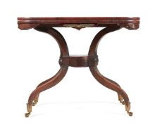 Y A REGENCY ROSEWOOD, CROSSBANDED AND BRASS MOUNTED TEA TABLE, IN THE MANNER OF GEORGE OAKLEY