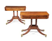 Y A PAIR OF REGENCY ROSEWOOD AND SATINWOOD BANDED CARD TABLES, CIRCA 1815