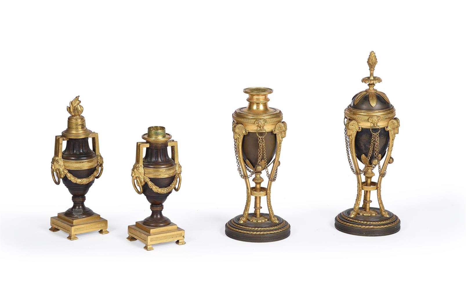 TWO PAIRS OF BRONZE AND ORMOLU CASSOLETTES, FIRST PAIR POSSIBLY ENGLISH, EARLY 19TH CENTURY
