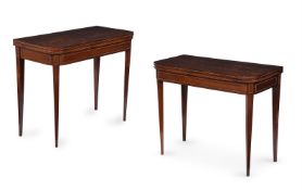 Y A PAIR OF REGENCY ROSEWOOD AND SIMULATED ROSEWOOD FOLDING CARD TABLES, IN THE MANNER OF JOHN MCLEA
