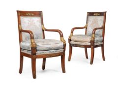 A PAIR OF FRENCH MAHOGANY AND PARCEL GILT ARMCHAIRS, THIRD QUARTER 19TH CENTURY