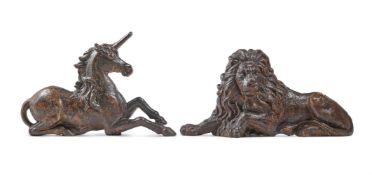 A PAIR OF CAST IRON HERALDIC ANIMALS, POSSIBLY EARLY/MID 19TH CENTURY