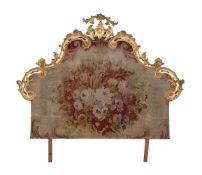A CONTINENTAL CARVED GILTWOOD AND AUBUSSON NEEDLEWORK INSET BED HEAD, LATE 18TH/19TH CENTURY