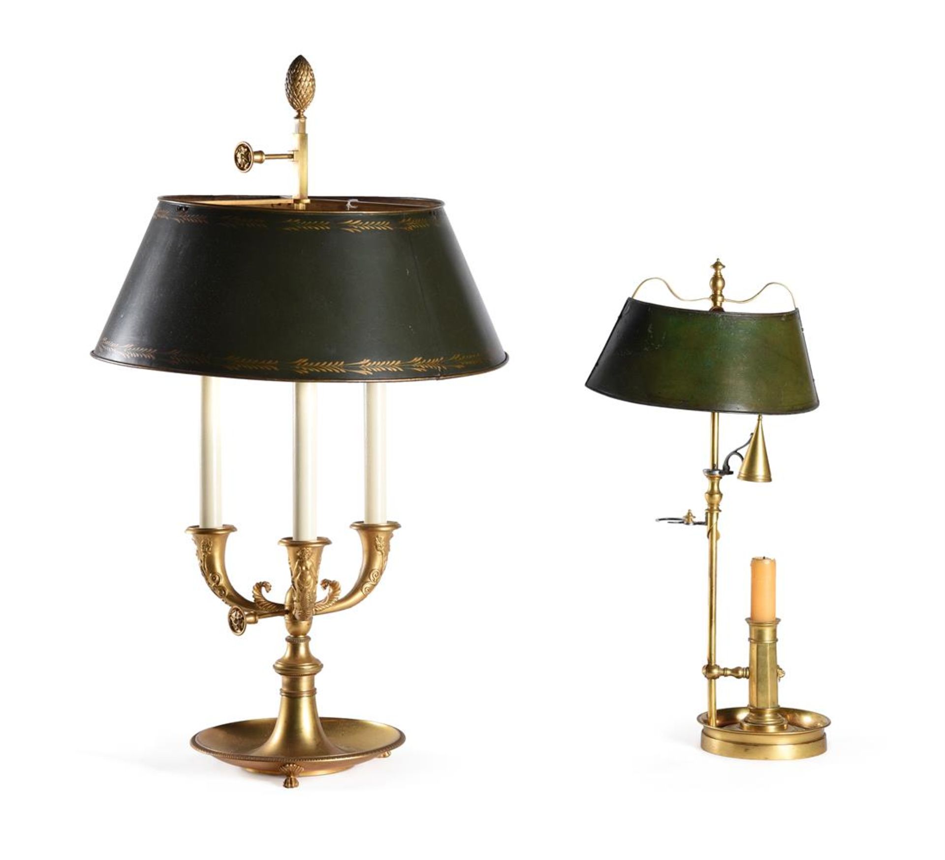 A FRENCH GILT METAL AND TOLE BOUILLOTE LAMP, 19TH CENTURY