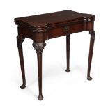 AN IRISH GEORGE II MAHOGANY TRIPLE-FOLD CARD AND TEA TABLE, MID 18TH CENTURY