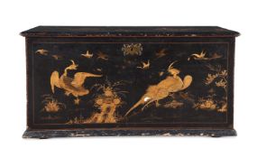 A GEORGE I BLACK LACQUER AND PARCEL GILT CHINOISERIE DECORATED CHEST, CIRCA 1720