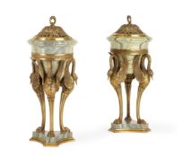 A PAIR OF FRENCH ORMOLU AND CIPOLLINO MARBLE URNS, LATE 19TH CENTURY