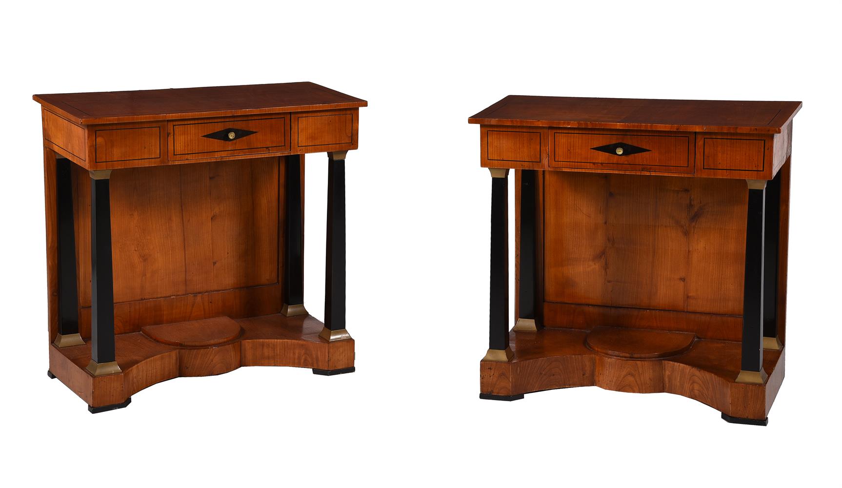 Y A PAIR OF EMPIRE BIRCH AND EBONISED CONSOLE TABLES, CIRCA 1810