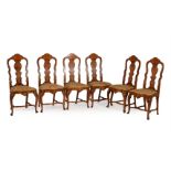 A SET OF SIX DUTCH WALNUT, ASH AND MARQUETRY INLAID DINING CHAIRS, LATE 18TH OR EARLY 19TH CENTURY