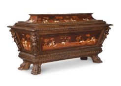 AN ITALIAN WALNUT AND MARQUETRY CASSONE, LATE 19TH CENTURY