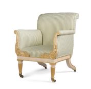 A GEORGE III PAINTED AND PARCEL GILT ARMCHAIR, IN THE MANNER OF MOREL & SEDDON, CIRCA 1800