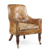 A GEORGE IV SIMULATED ROSEWOOD AND BUTTONED GREEN LEATHER UPHOLSTERED LIBRARY ARMCHAIR, CIRCA 1825