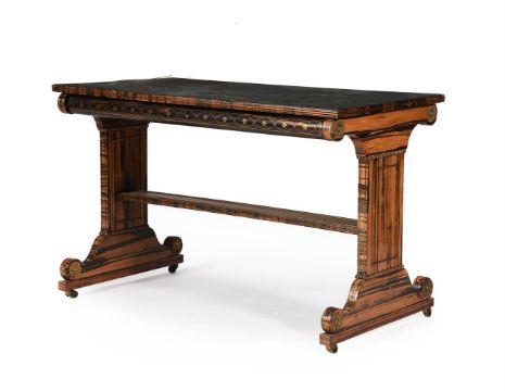 A LATE GEORGE III CALAMANDER AND BRASS WRITING TABLE, IN THE MANNER OF GEORGE OAKLEY