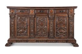 AN ITALIAN CARVED WALNUT CREDENZA OR SIDE CABINETEARLY 16TH CENTURY101cm high