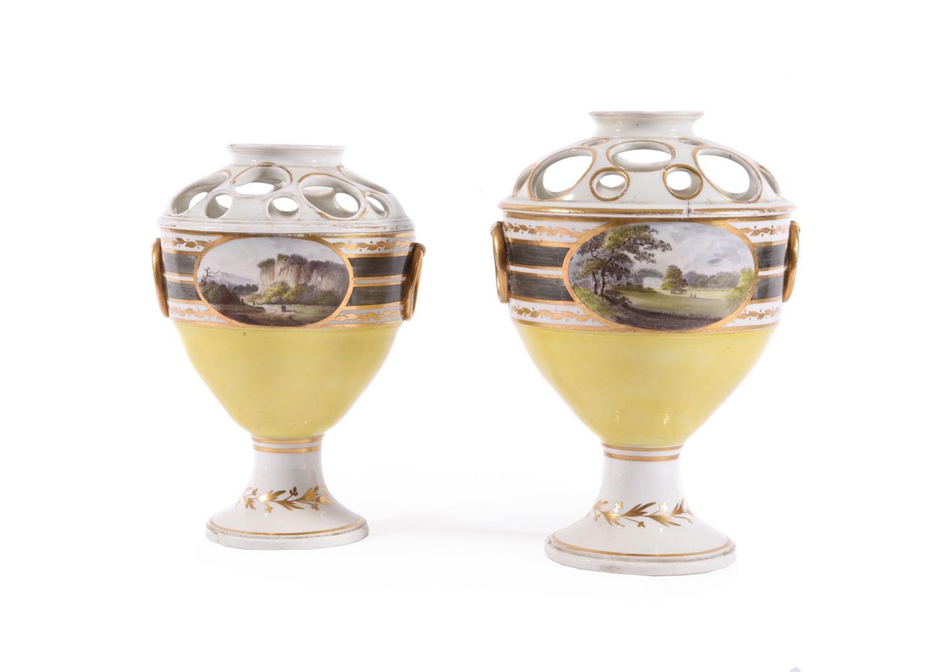 TWO ENGLISH PORCELAIN YELLOW-GROUND POT POURRI VASES AND COVERS, CIRCA 1800