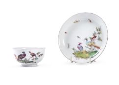 A CHELSEA TEA BOWL AND SAUCER PAINTED WITH EXOTIC BIRDS, CIRCA 1756
