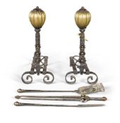 A LARGE PAIR OF WROUGHT IRON AND BRASS ANDIRONS, POSSIBLY J.H. POLLEN AND JOSHUA HART & SON