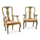 A SET OF SIX NORTH ITALIAN POLYCHROME PAINTED DINING CHAIRS, POSSIBLY GENOA, MID-18TH CENTURY