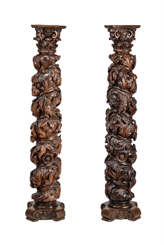 A PAIR OF CARVED WALNUT SOLOMONIC COLUMNS, 17TH CENTURY AND LATER