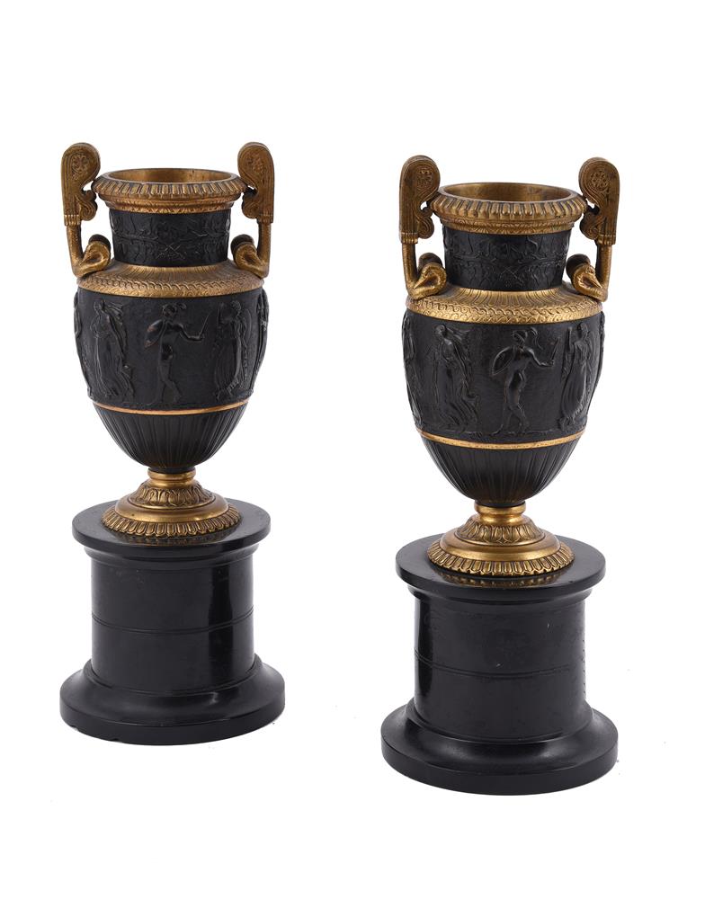 A PAIR OF FRENCH BRONZE AND PARCEL GILT VASES OF VOLUTE KRATER FORM, LATE 19TH CENTURY - Image 2 of 4