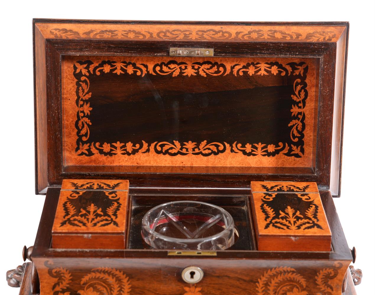 Y A WILLIAM IV ROSEWOOD AND AMBOYNA MARQUETRY TEA CHEST OR CADDY, CIRCA 1835 - Image 3 of 5