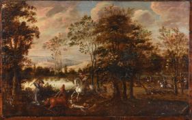 DUTCH SCHOOL, 18TH CENTURY, A HUNTING PARTY IN A WOODED LANDSCAPE