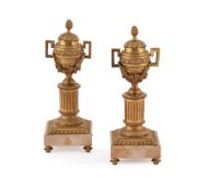 A PAIR OF FRENCH ORMOLU AND MARBLE TWO-HANDLED CASSOLETTES, LATE 18TH/EARLY 19TH CENTURY