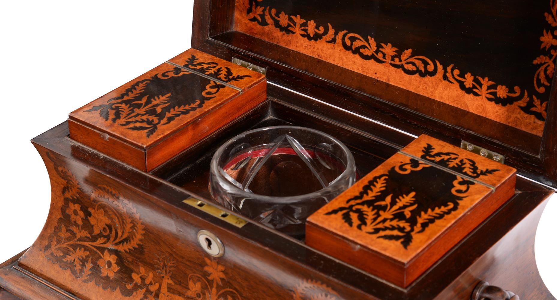 Y A WILLIAM IV ROSEWOOD AND AMBOYNA MARQUETRY TEA CHEST OR CADDY, CIRCA 1835 - Image 4 of 5