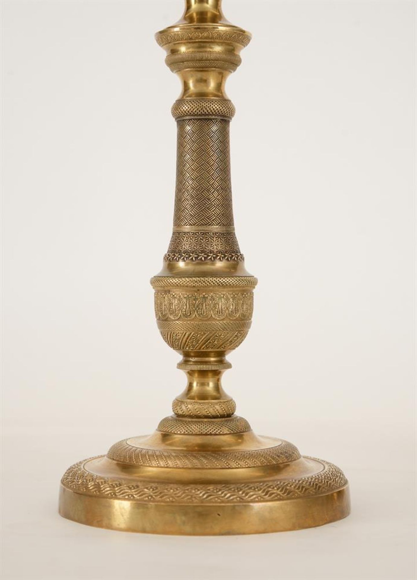 A PAIR OF FRENCH BRASS CANDLESTICKS, IN THE EMPIRE MANNER, LATE 19TH CENTURY - Image 3 of 5